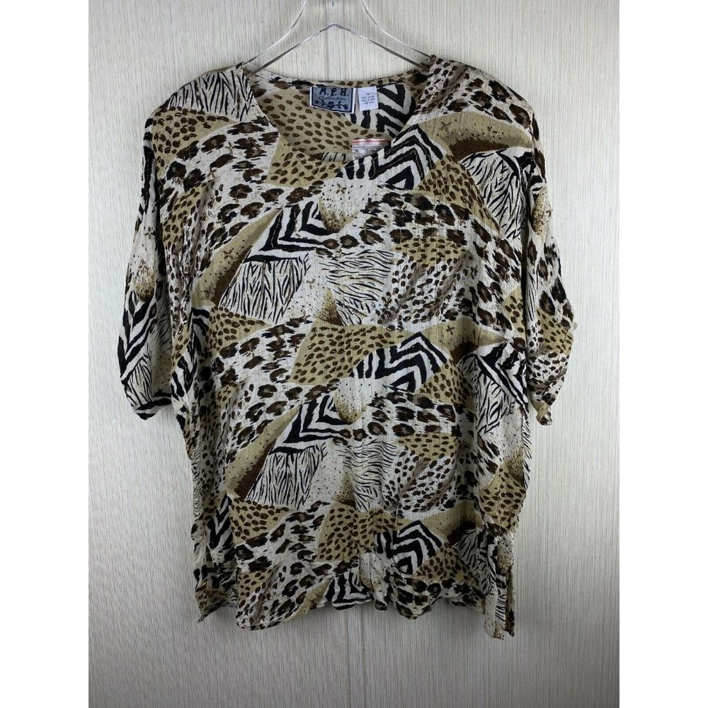 M.P.H. Collection Womens 3X Brown Tan Animal Print Beaded Rayon Short Sleeve Top